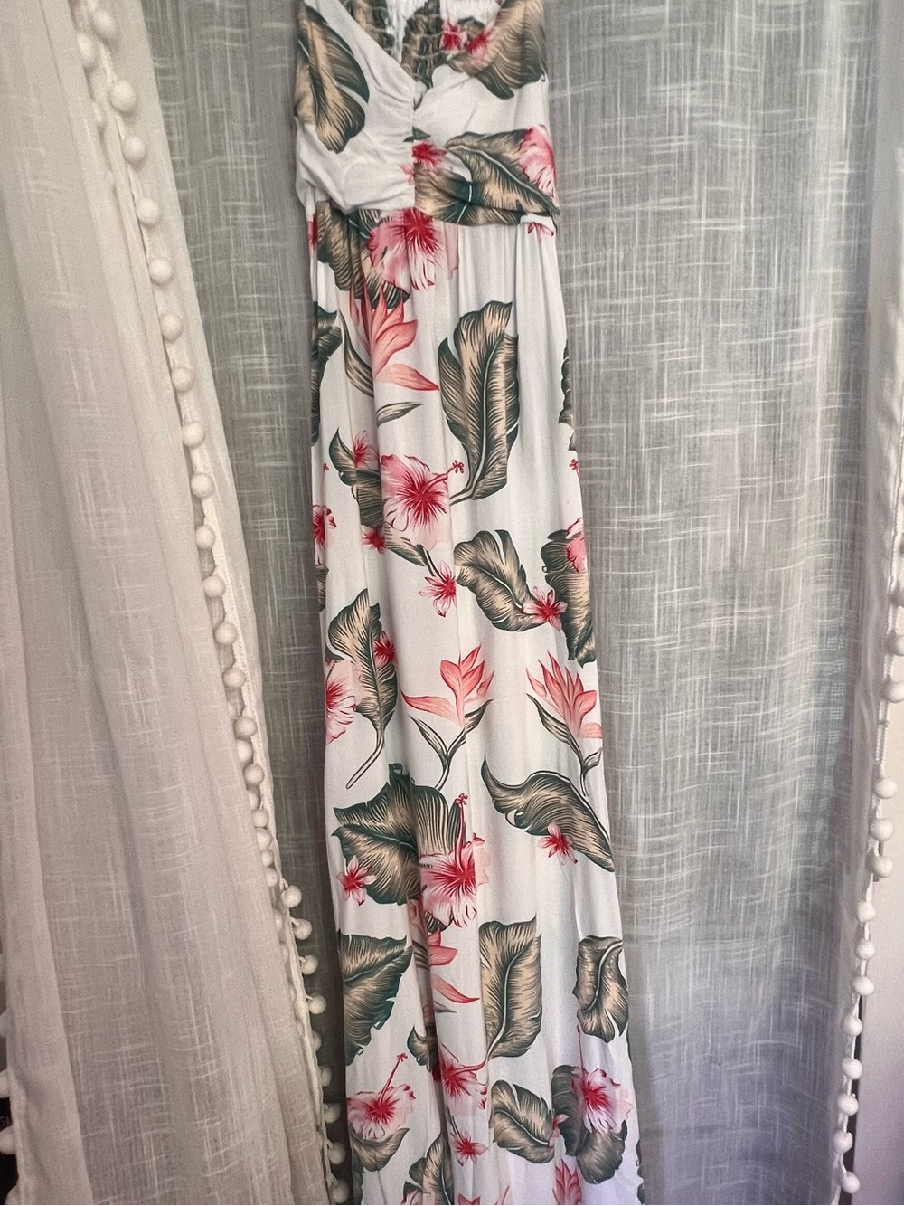 Roxy White Maxi Dress with Pink Floral & Green Leaf Print